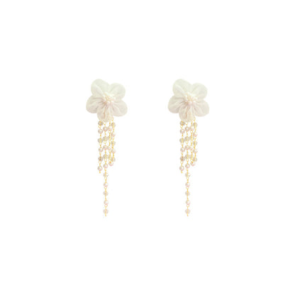 Long Fringed Pearl Flower Stud Earrings