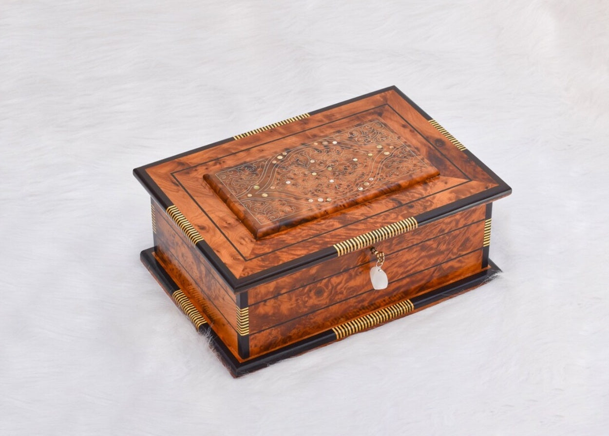 13 X 8 In High Quality Burl Jewelry Box, Wooden Jewellry Box, Box Key With Mirror Engraved, Decorative Box, Memory Box, Christmas Gift