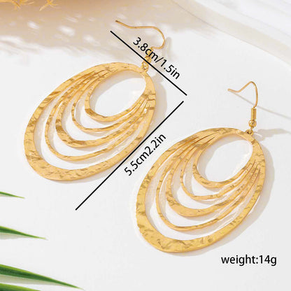 European And American Fashion Elegant 3 Layer Hollow Oval Shaped Big Gold-color Stainless Steel Dangle Drop Earrings