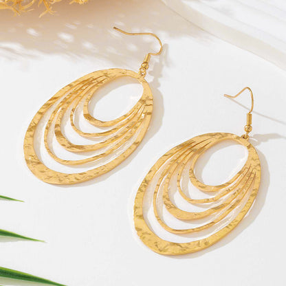 European And American Fashion Elegant 3 Layer Hollow Oval Shaped Big Gold-color Stainless Steel Dangle Drop Earrings