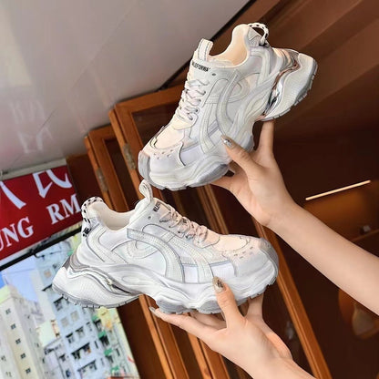 Genuine Leather Platform Casual Faded-effect Clunky Sneakers Women