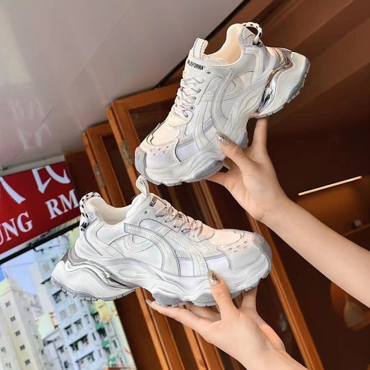 Genuine Leather Platform Casual Faded-effect Clunky Sneakers Women