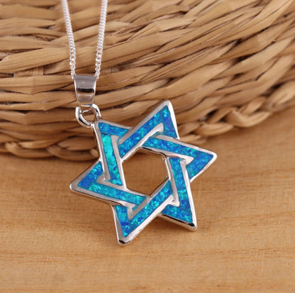Solid 925 Sterling Silver Blue Opal Large Star of David Pendant Necklace Chain