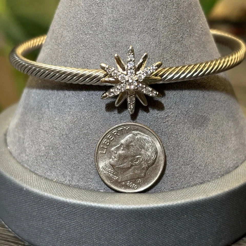 Silver Cable Bracelet, Sunburst Star Open Cuff 4mm Bangle, Crystal Rhinestones