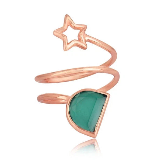 Green Onyx Gemstone Star Designer Rose Gold Plated 925 Silver Ring Jewelry