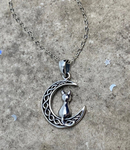Sterling Silver Moon Cat Pendant Necklace, Cat Jewelry, Moon and Stars