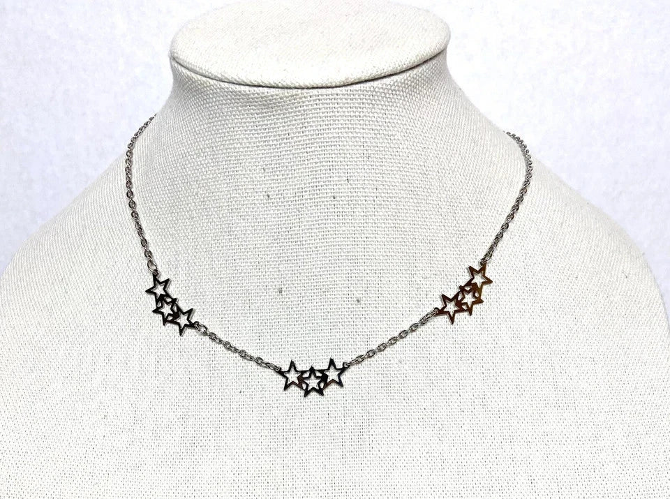 Silver Tone Triple Star Station Chain Necklace -18” long, 3 sets of stars
