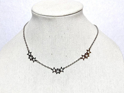 Silver Tone Triple Star Station Chain Necklace -18” long, 3 sets of stars