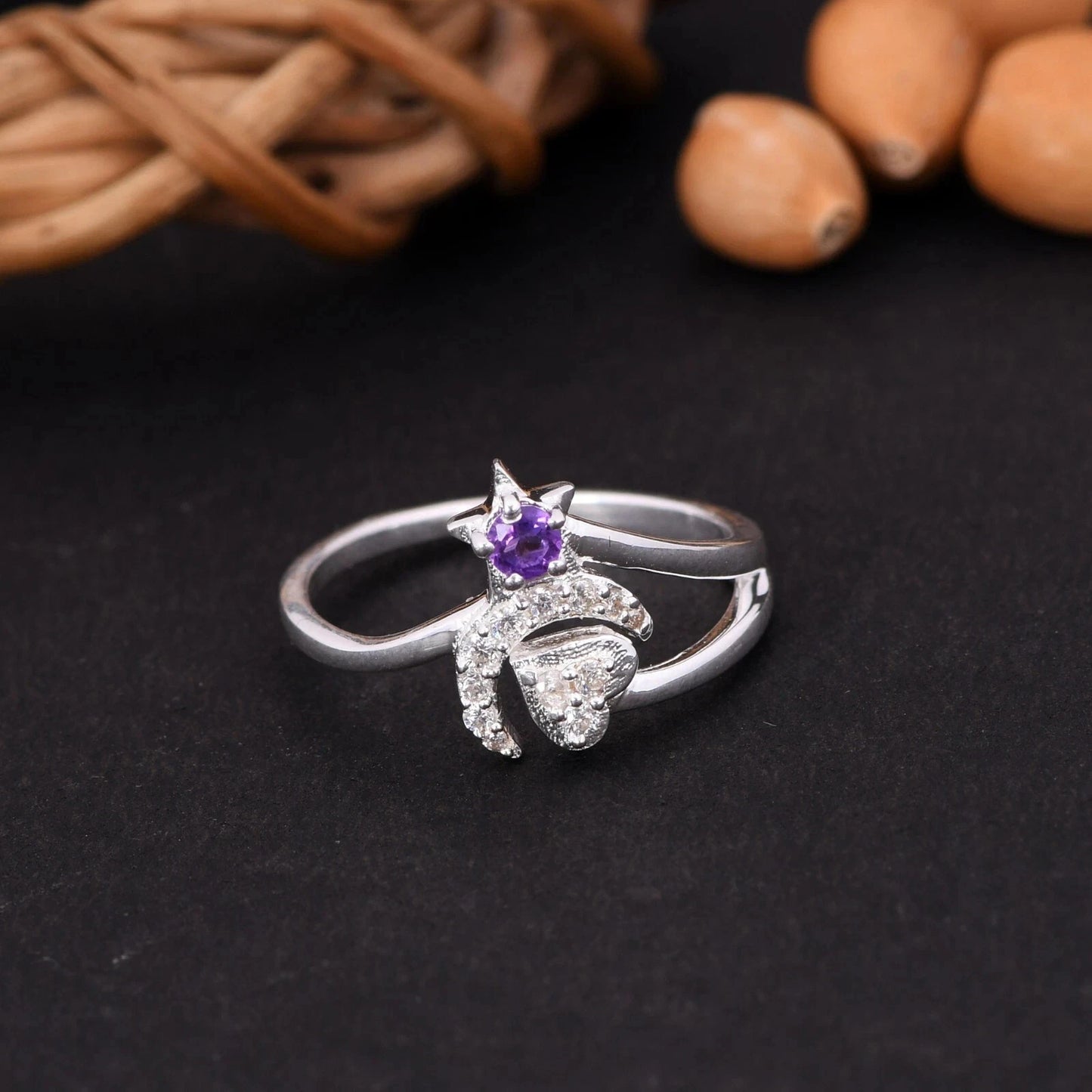 Unique Design Moon & Star Love Heart Ring in 925 Silver With Amethyst & CZ Gift