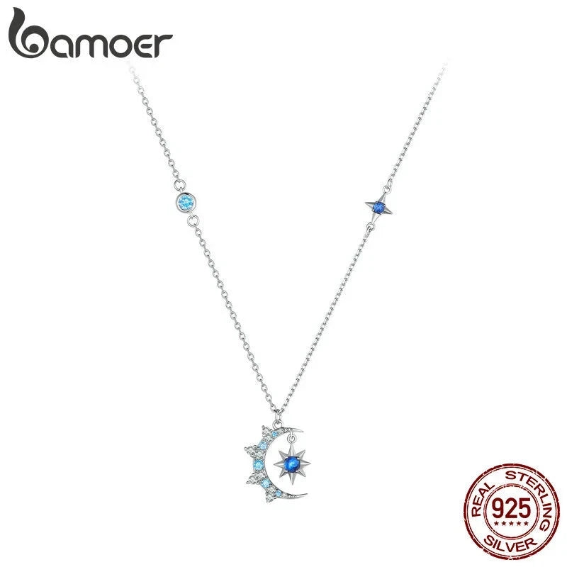 Share BAMOER 925 Sterling Silver Moon Star Burst Necklace Women Wedding Jewelry