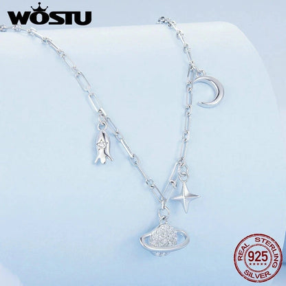 Wostu 925 Sterling Silver Star Moon Rocket Necklace Chain Wedding Women Gift