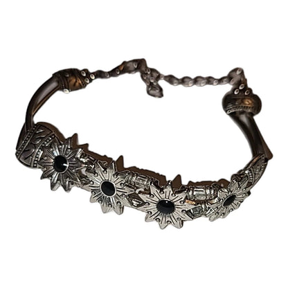 Silver Tone Black Enamel Flower Star Bracelet 6"-8"