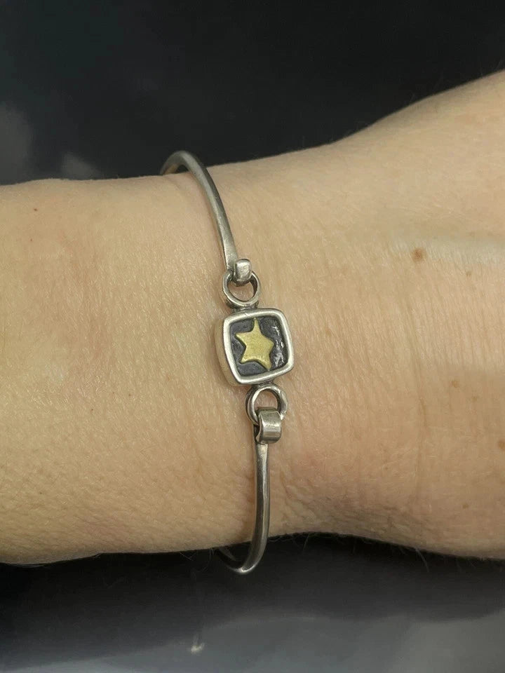 Vintage Sterling Silver 925 GoldTone Star 6.5” Stackable Bangle Bracelet 9.55g