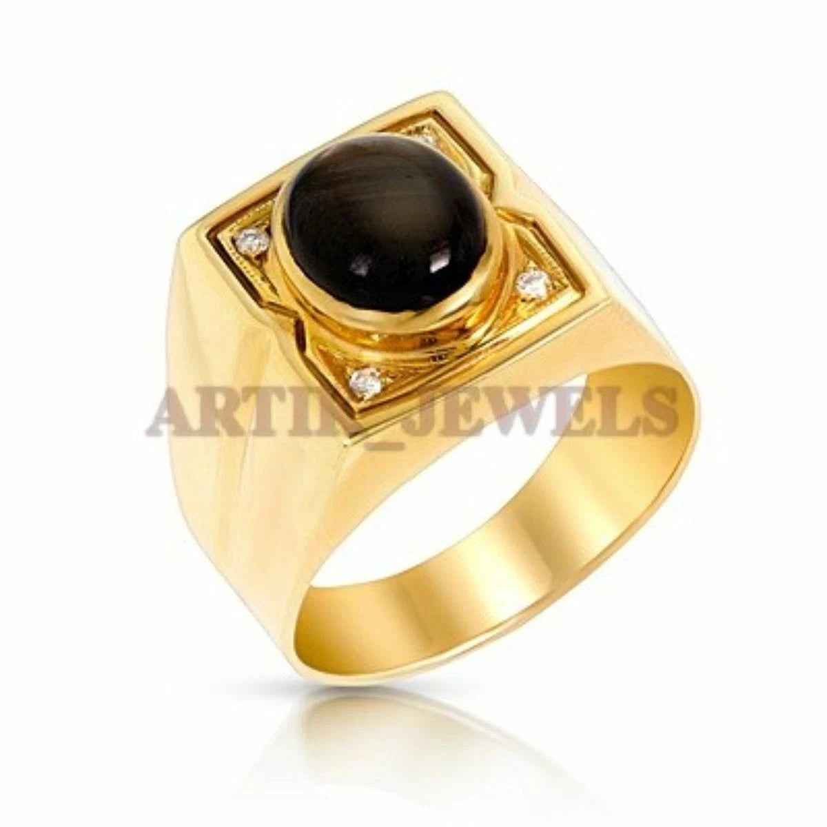 Natural Black Star Gemstone with Gold Plated 925 Sterling Silver Men's Ring 235