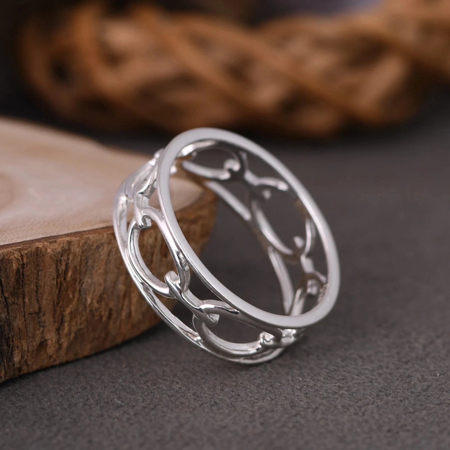 Solid Sterling Silver Open Oval Link Chain Ring Handmade Dainty Statement Band