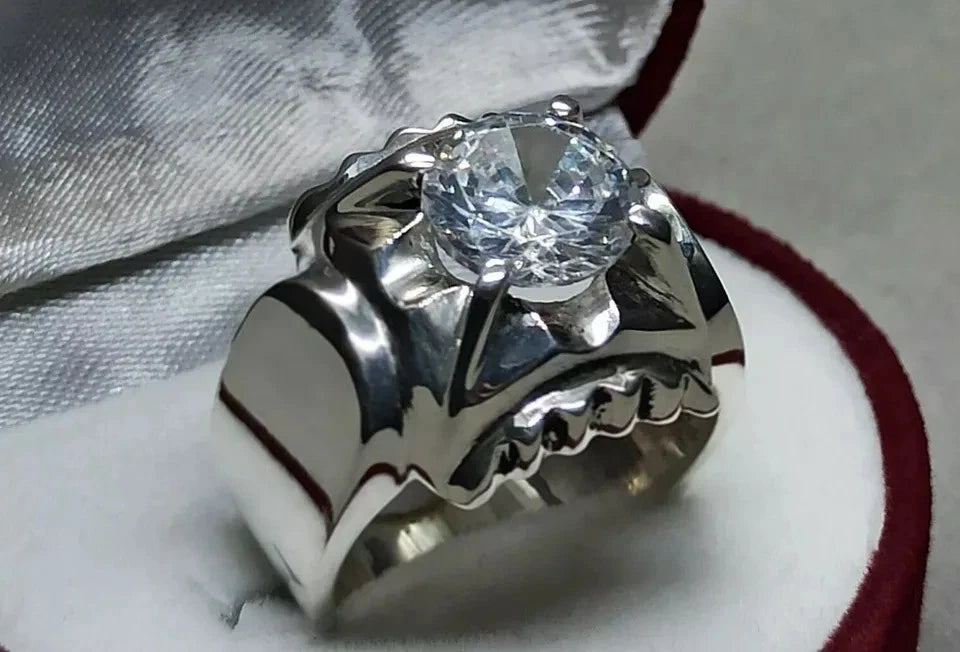 Round Cut 3 Ct White Zircon Sterling Silver 925 Handmade Zircon Mens Star Ring