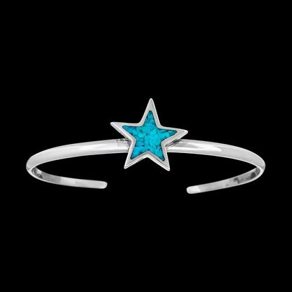 Size 6-3/4 Wrist - 925 Sterling Silver Turquoise Star Cuff Bracelet, Simple