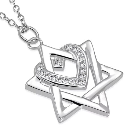 Sterling Silver White Clear CZ Jewish Star of David Love Heart Pendant Necklace