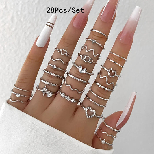 23Pcs Trendy Simple Knuckle Rings Set For Women Crystal Star Moon Eye Wave Ring