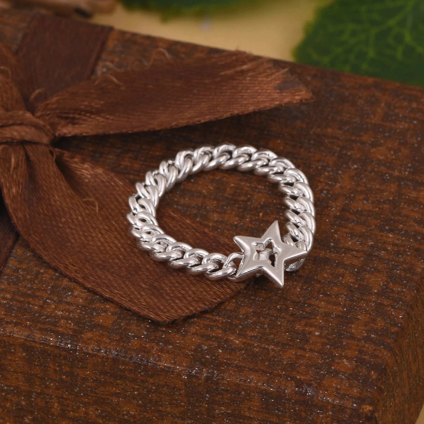 Solid Chain Ring, Oval Link Chain, Silver Chain Band, Star Ring, Cuban Link Ring