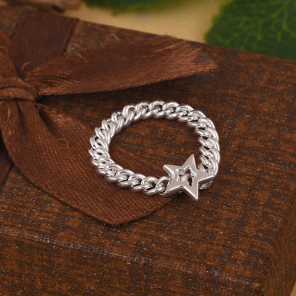 Solid Chain Ring, Oval Link Chain, Silver Chain Band, Star Ring, Cuban Link Ring