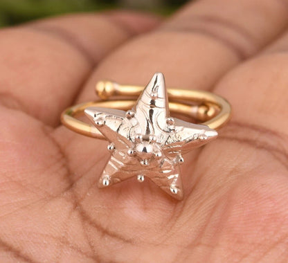925 Silver Texture Star Ring With Gold Plated Celestial Jewelry For Women & Girl