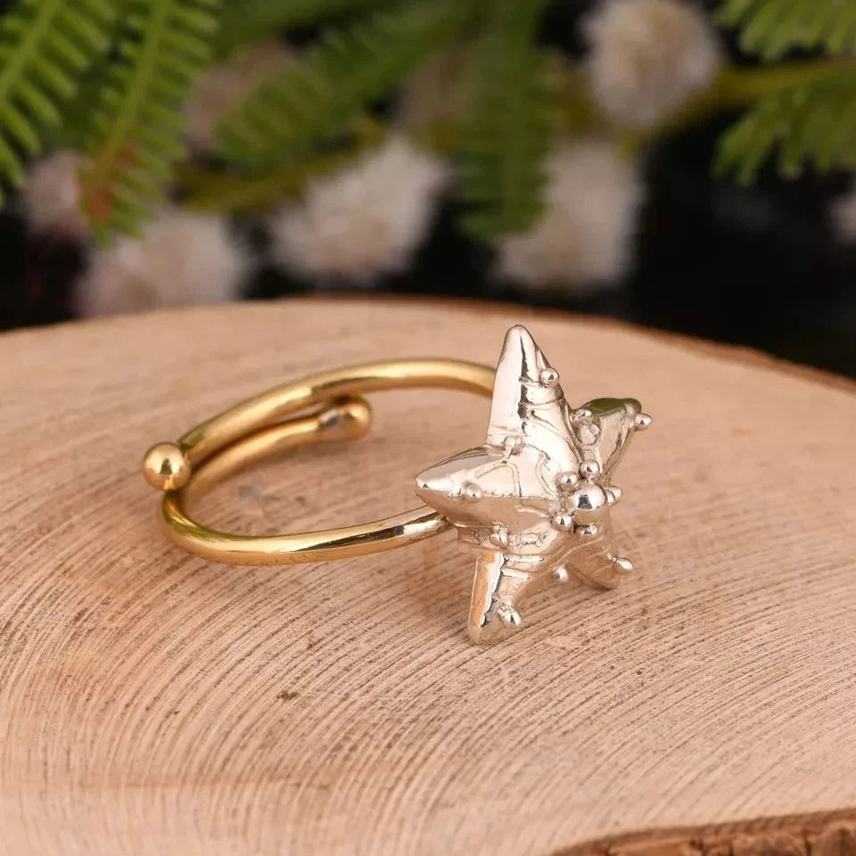 925 Silver Texture Star Ring With Gold Plated Celestial Jewelry For Women & Girl