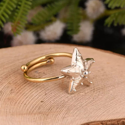 925 Silver Texture Star Ring With Gold Plated Celestial Jewelry For Women & Girl