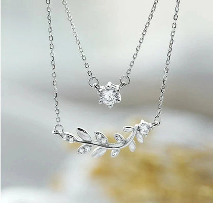 Two layer Leaf Star CZ Pendant 925 Sterling silver Necklace Women Girl Gift E1