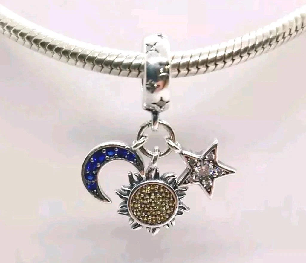 Sun Moon & Star Celestial Charm Pendant Bracelet Genuine Sterling S925