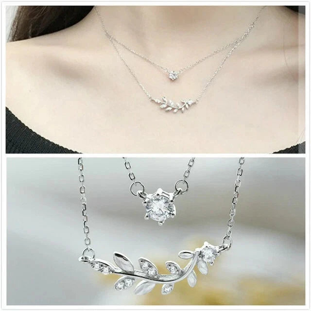 Two layer Leaf Star CZ Pendant 925 Sterling silver Necklace Women Girl Gift E1