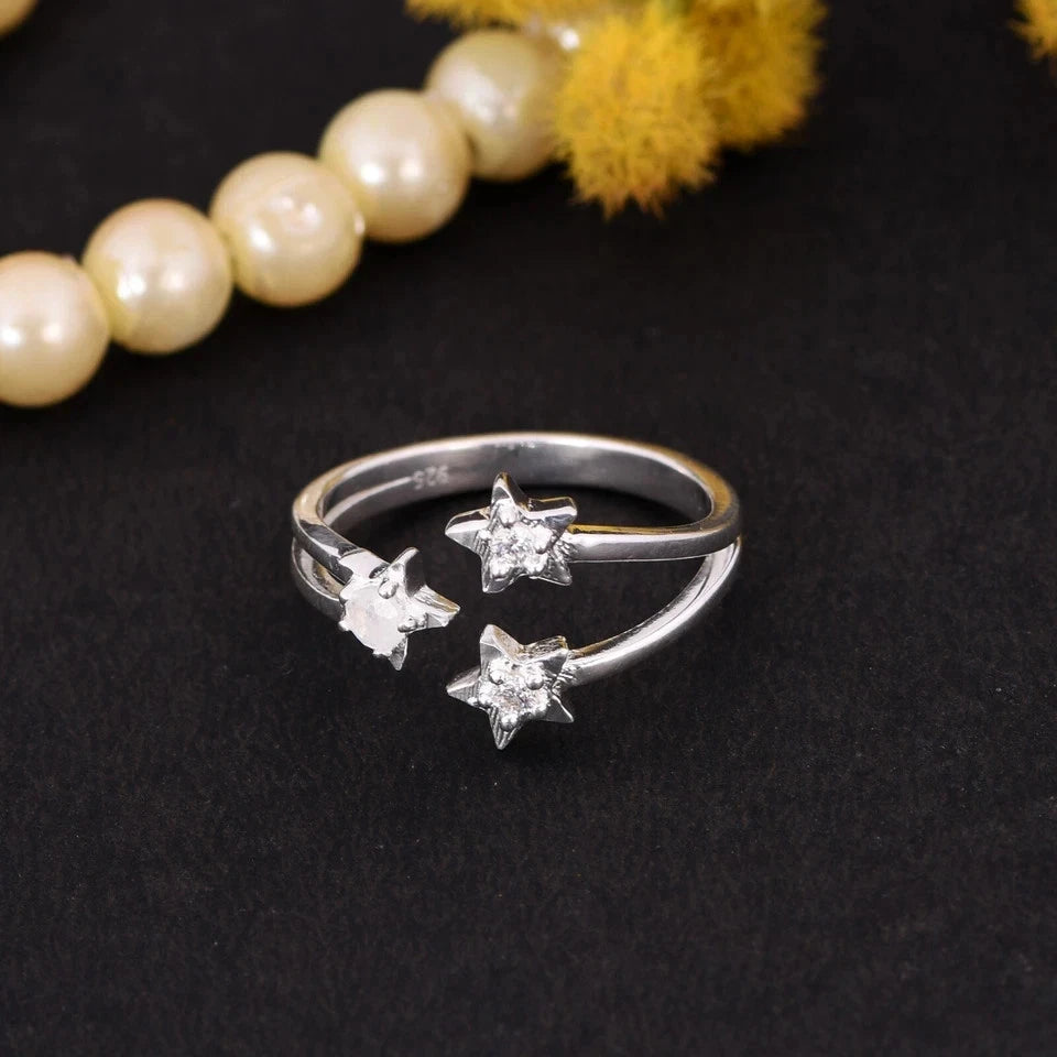 Trillion Star Stackable Ring in Sterling Silver With CZ & Moonstone Gift For Her