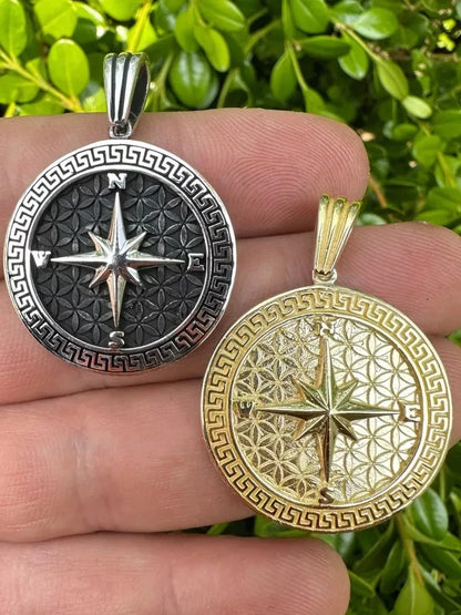 Real 925 Silver / 14k Gold Plated North Star Compass Medallion Pendant Necklace