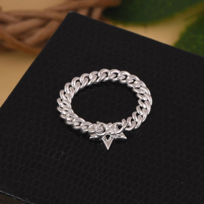 Solid Chain Ring, Oval Link Chain, Silver Chain Band, Star Ring, Cuban Link Ring