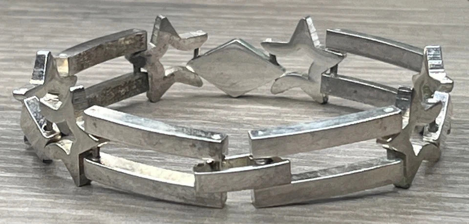 Vintage Sterling 925 Openwork Stars Open Rectangle Bar Link Bracelet 30G 7.25''