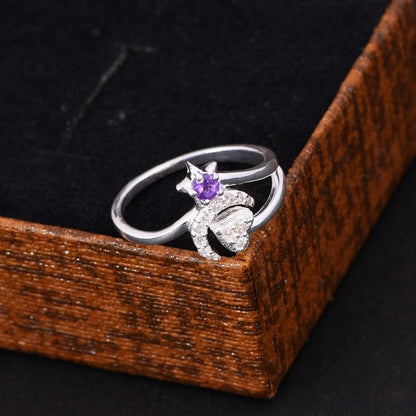 Unique Design Moon & Star Love Heart Ring in 925 Silver With Amethyst & CZ Gift