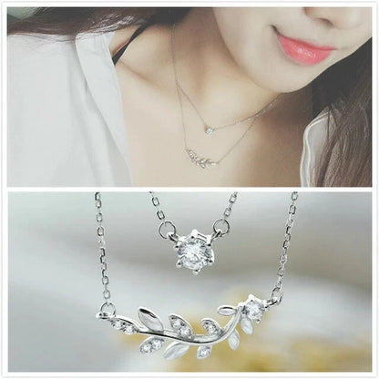 Two layer Leaf Star CZ Pendant 925 Sterling silver Necklace Women Girl Gift E1