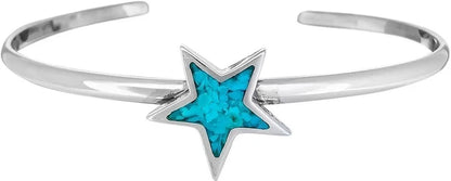 Size 6-3/4 Wrist - 925 Sterling Silver Turquoise Star Cuff Bracelet, Simple