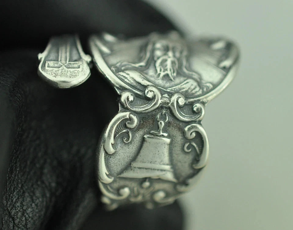 Solid 925 Sterling Silver Jesus Bell Star Adjustable Spoon Ring