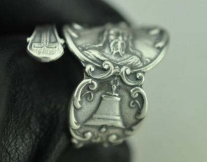 Solid 925 Sterling Silver Jesus Bell Star Adjustable Spoon Ring