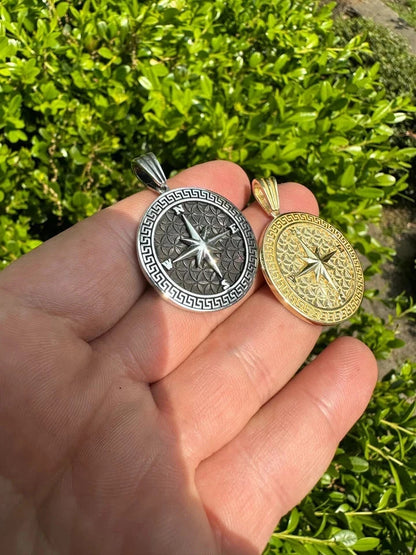 Real 925 Silver / 14k Gold Plated North Star Compass Medallion Pendant Necklace