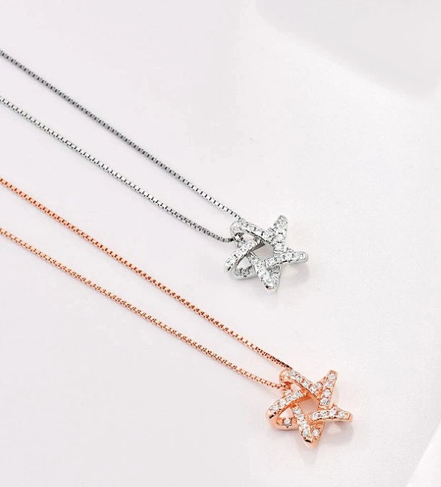 925 Sterling Silver CZ Bling Hexagon Lucky Star Chain Necklace Women 16" -18"
