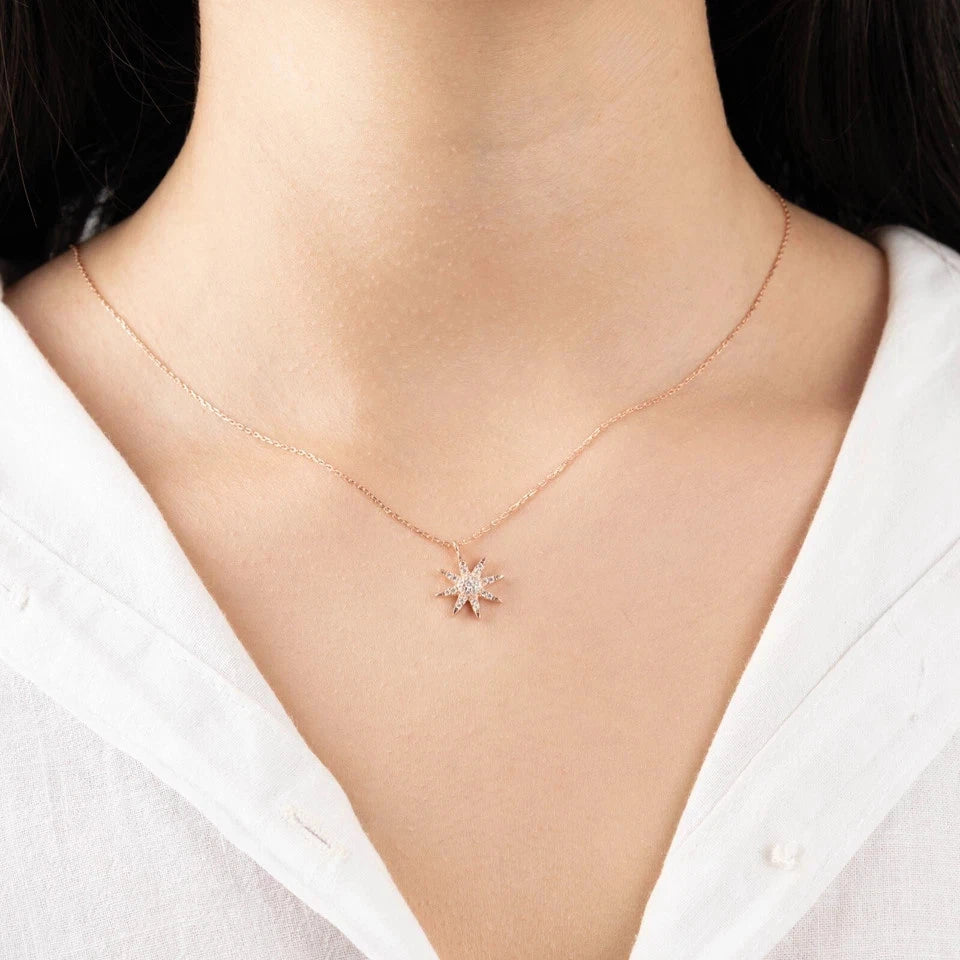 925 Silver Star Pendant Necklace Diamond North Star Necklace Starburst Necklace