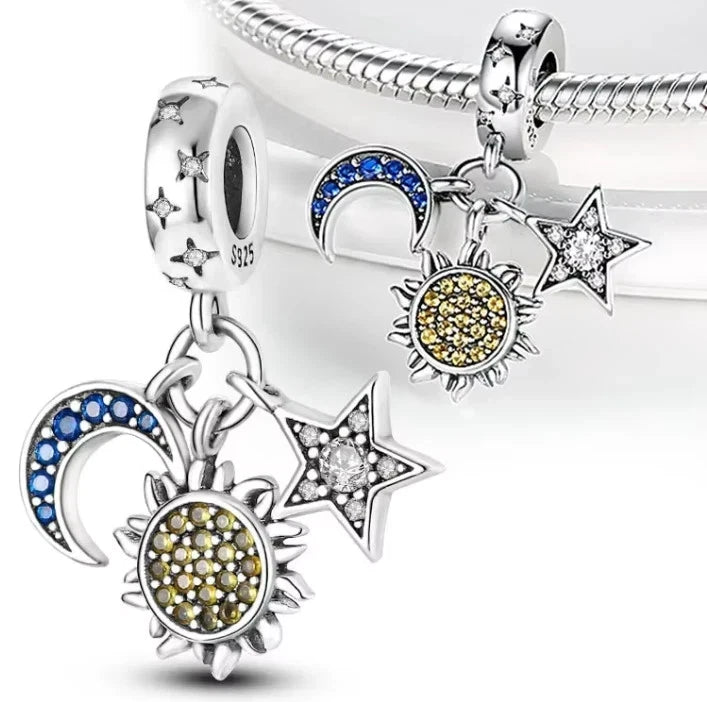 Sun Moon & Star Celestial Charm Pendant Bracelet Genuine Sterling S925