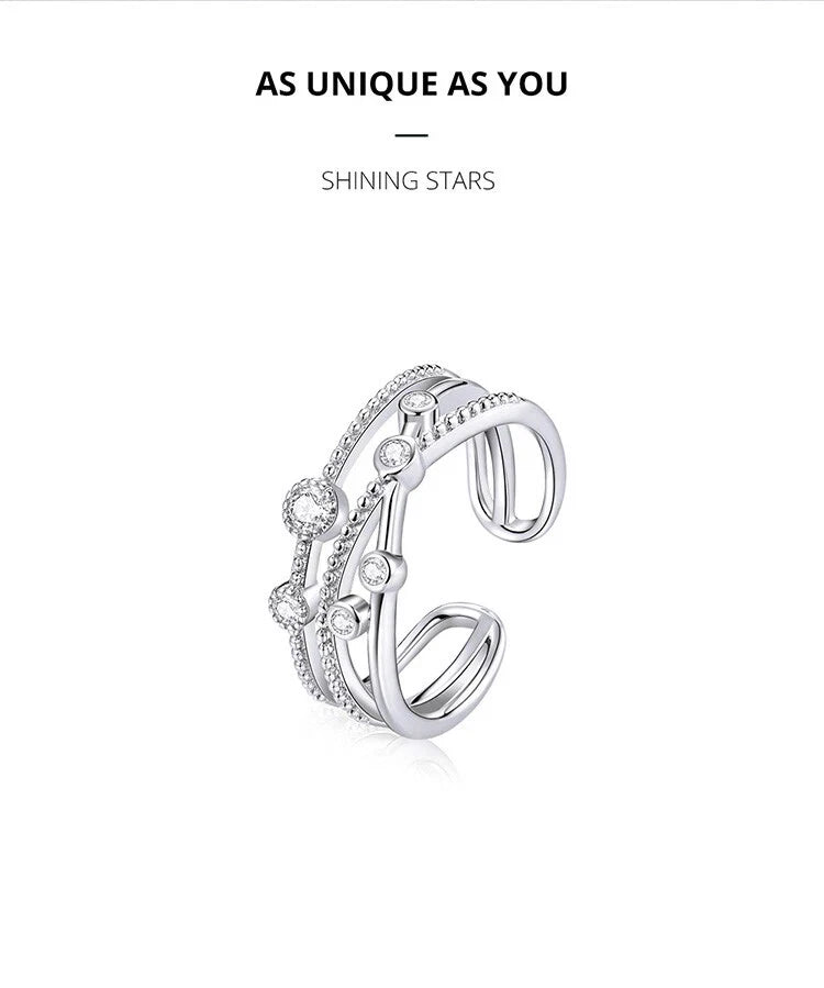 S925 Sterling Silver Shining Stars Open Finger Rings Birthday Gifts Women Wostu