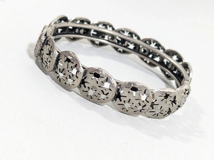 Silver Tone Cut Out Star Flower Round Disc Hinge Bangle Bracelet 7.5 inches