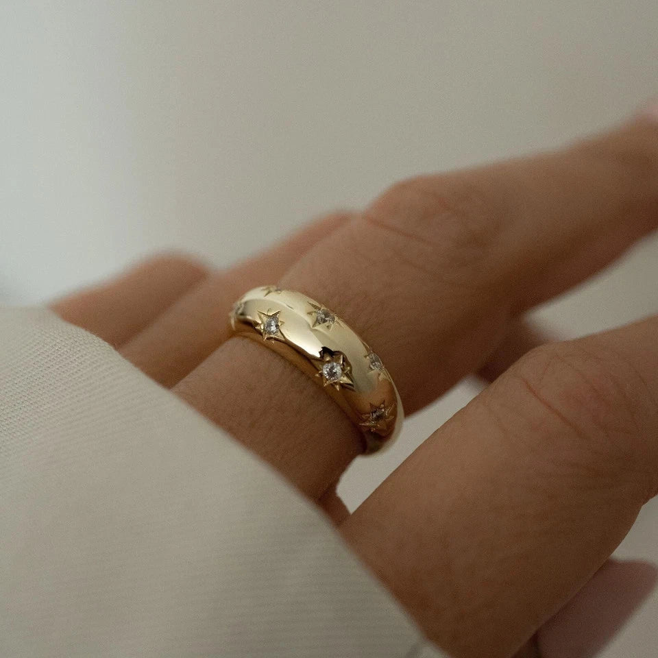 925 Sterling Silver Gold plated Dome Ring, Star Ring, Celestial Jewelry