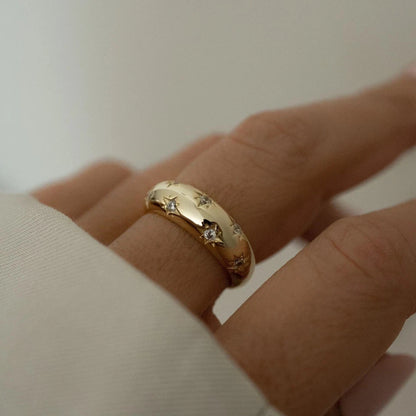 925 Sterling Silver Gold plated Dome Ring, Star Ring, Celestial Jewelry