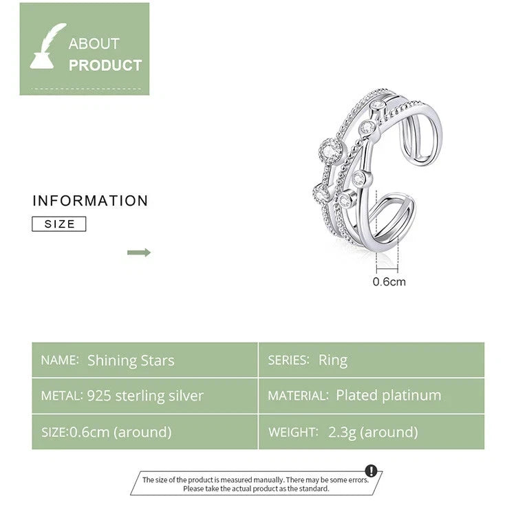 S925 Sterling Silver Shining Stars Open Finger Rings Birthday Gifts Women Wostu