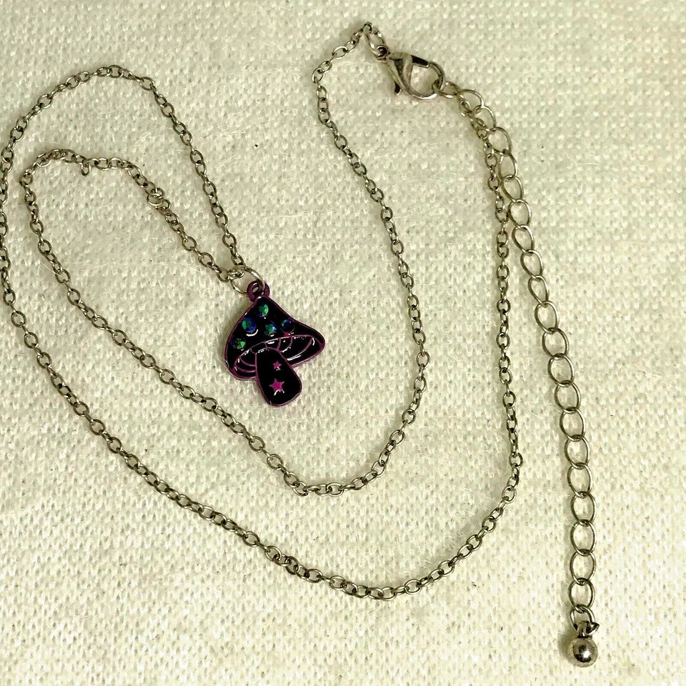 Black Toadstool on a Silver Tone Necklace w/ Rhinestones & Purple Stars - 18"